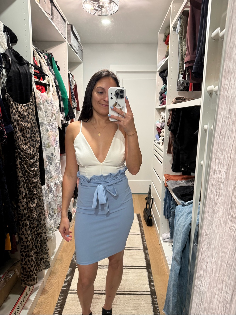 Fashion Nova Dress Light Blue Paperbag Waist Pencil Skirt with Tie and White Top